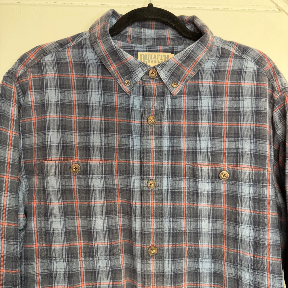 Duluth Trading Co XL Slim‎ Fit Free Swingin Flannel Slim Fit Shirt Blue Plaid - Picture 2 of 8